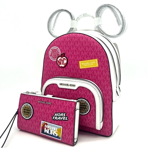 Michael Kors Md Embellished Zip Pocket Backpack & Double Zip Wallet Dragonfruit - Picture 1 of 14